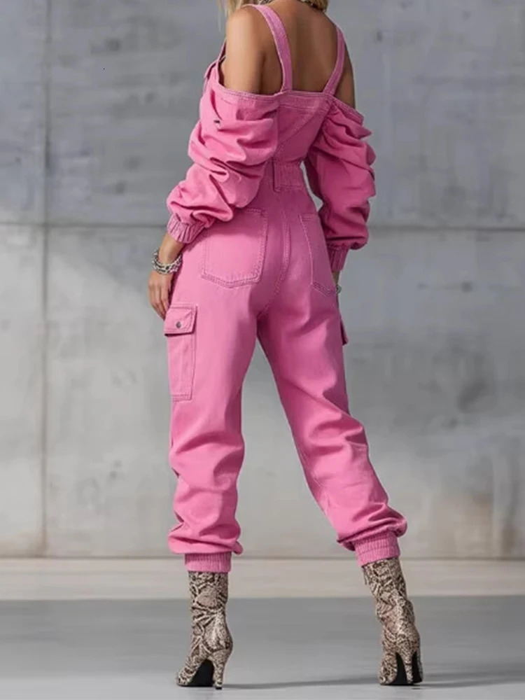 Vintage Denim Jumpsuit Woman Solid Zipper Offshoulder High Wait Loose Cargo Pants Romper Long Sleeve Overalls OnePiece Suit 260714banjia