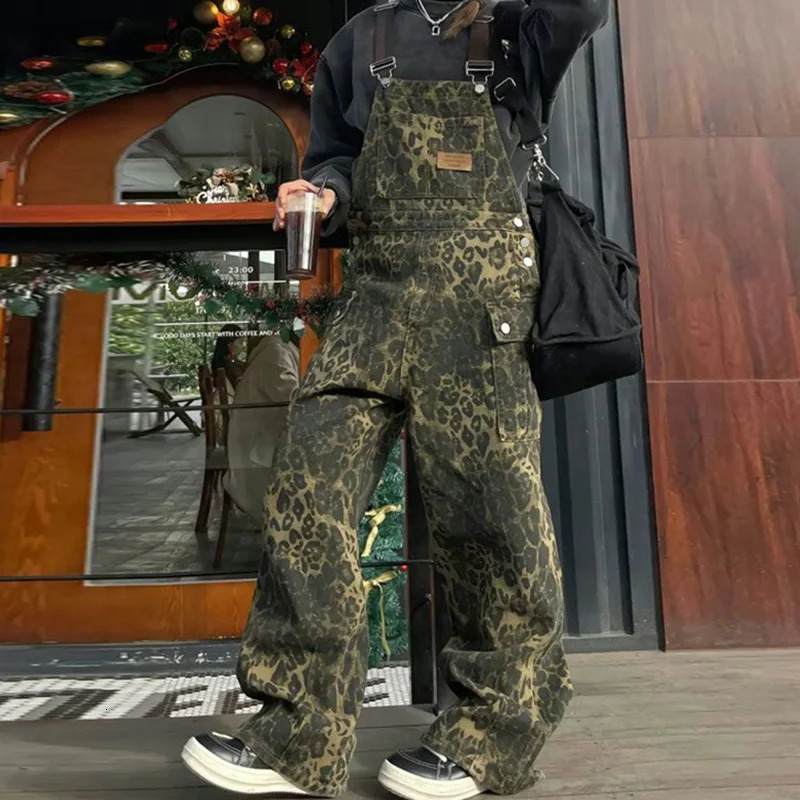 Chic Retro Girls High Waist Jumpsuit Jean Loose Fit Overalls Pants Female Leopard Printed Wide Leg Denim Trousers 260714banjia