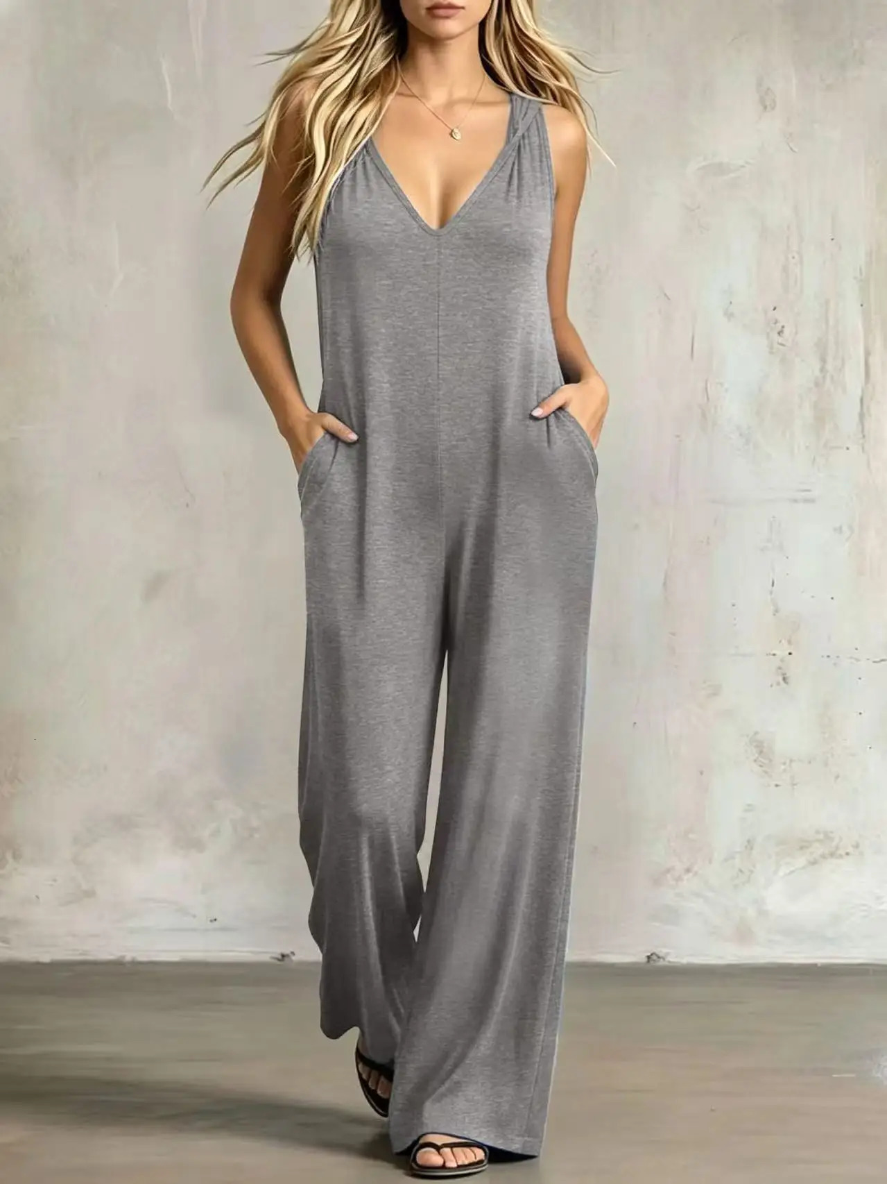 Summer Thin Hanging VNeck Sleeveless OnePiece Pants Wide Leg FloorLength Casual Commute Slimming Trousers Overall Suit 260714banjia