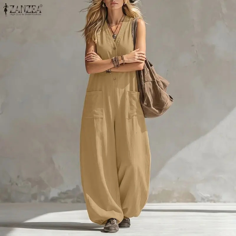 ZANZEA Women Jumpsuits Solid Vintage Casual Overalls 2026 Fashion V Neck Pockets Rompers Loose Lantern Long Bottoms Playsuits 260714banjia