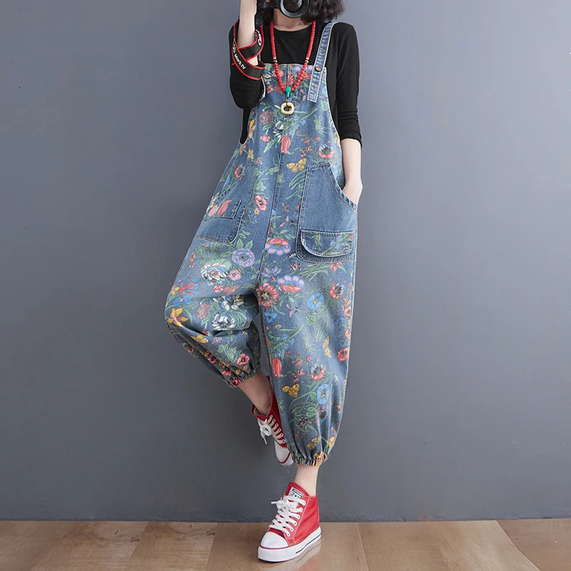 Trendy Large Size Oversized Floral Print Denim Overalls High Waist Spring Fashion Age Reduction Loose Fit Nine Points Jumpsuit 260714banjia - view 4