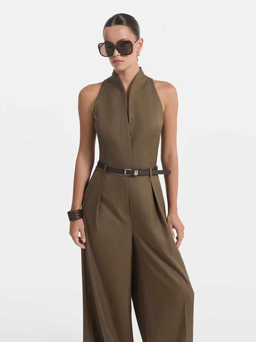 IG 2026 Womens Beige Halter Neck Jumpsuit with Belt Sleeveless Wide Leg Pants Elegant Formal Office Outfit 260714banjia