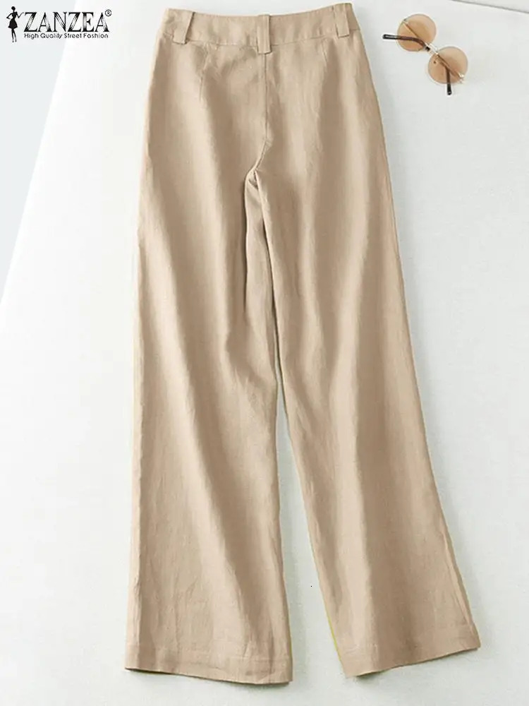 ZANZEA 2026 Spring Summer Cotton Linen Pant Long Trousers Wide Leg Plain Holiday Casual Streetwear Fashion Bottoms 260714banjia