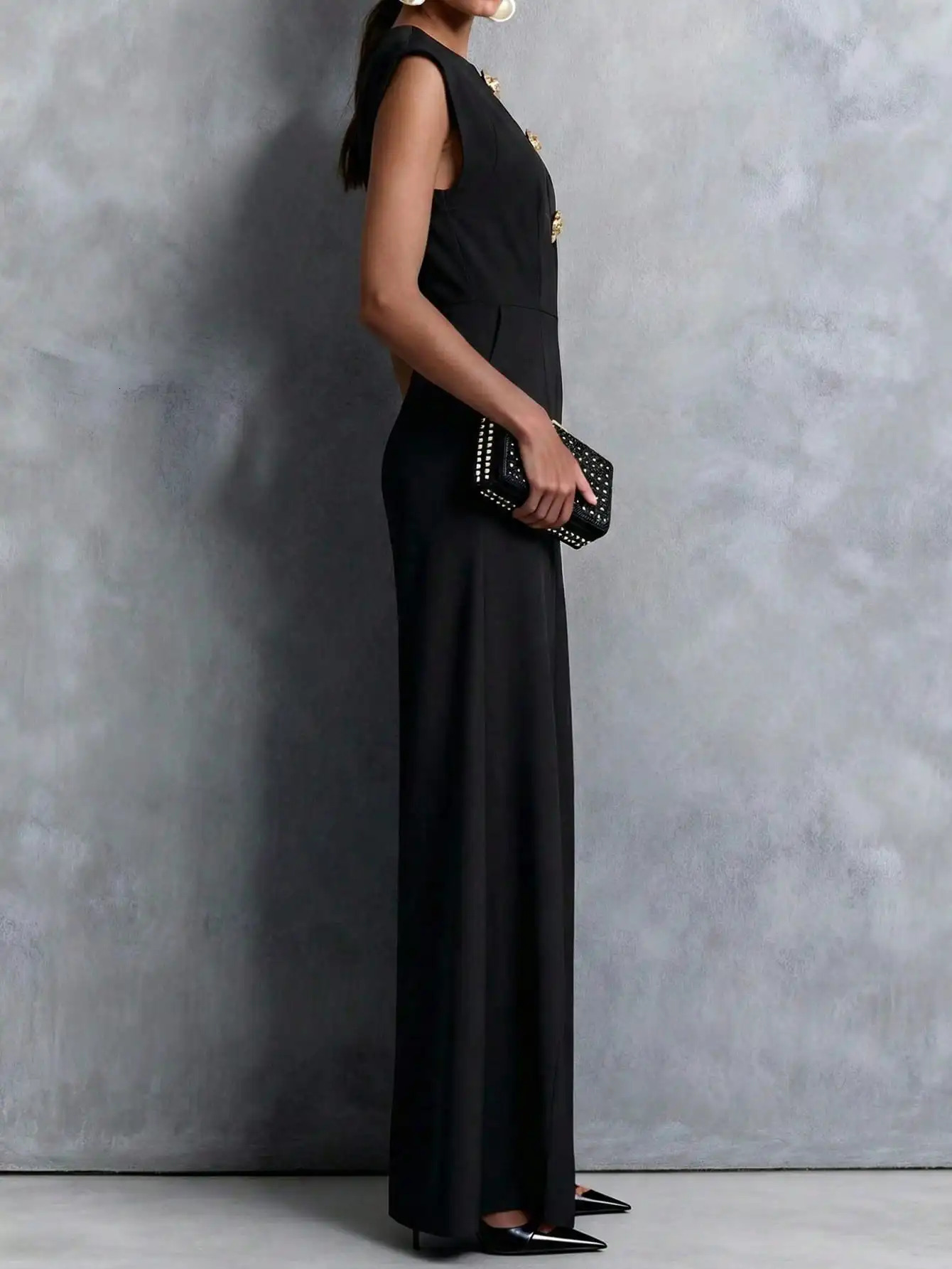 Womens Jumpsuits Rompers Black Sleeveless Wide Leg with Decorative Buttons Tailored Formal Evening Outfit 260714banjia