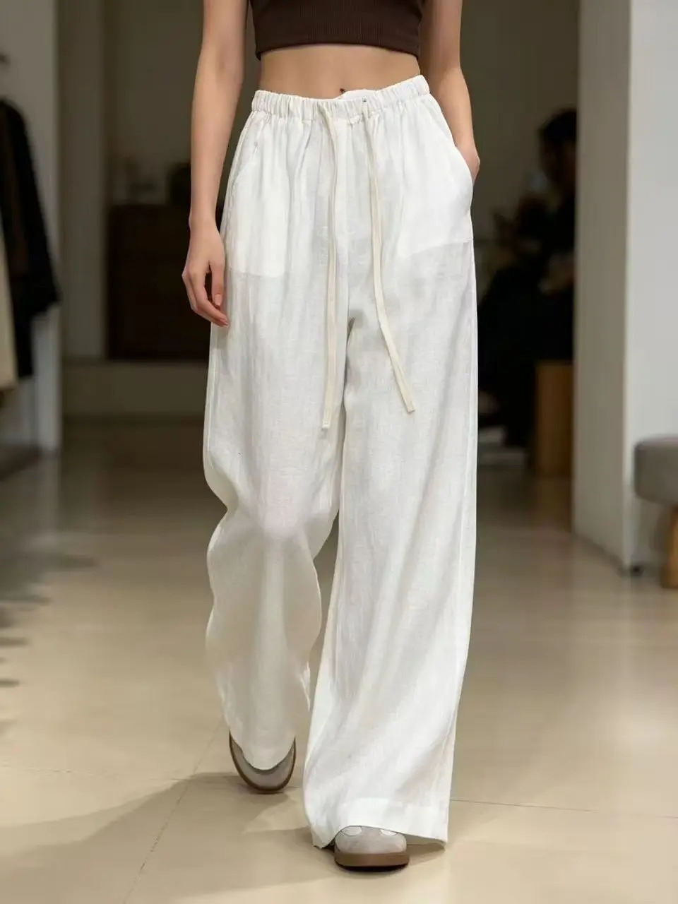 Casual 100 linen loose elastic waist long pants 260714banjia