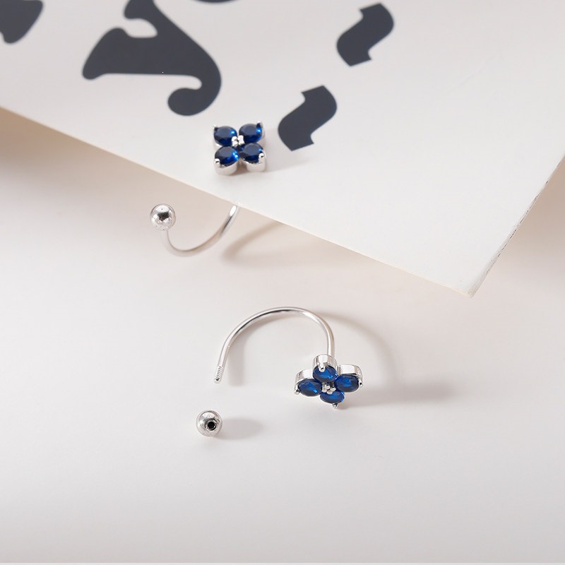Four Leaf Clover Flower 925 Silver Earring For Women Sterling Silver Blue Zircon Diamond Stud Earrings Hiphop Punk Sweet Design Pin Body Jewelry Desig - view 5
