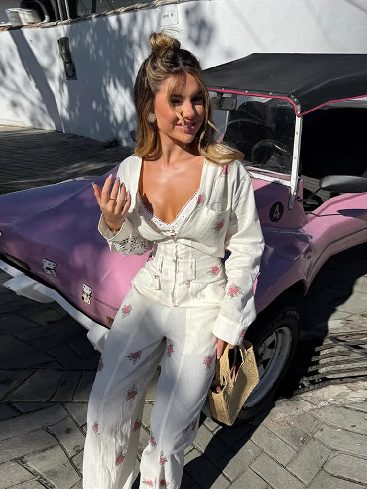 Fashion Printed Womens Jumpsuit Vneck Zipper Full Sleeve Waist Cinching Rompers 2026 Autumn Chic Female Street Overalls 260714banjia