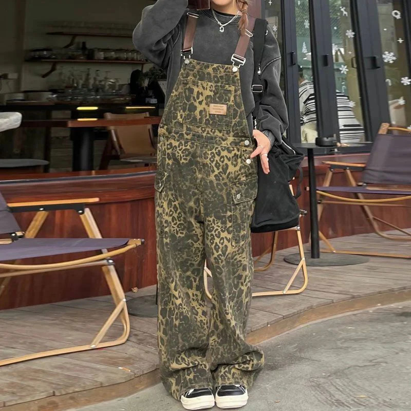 Chic Retro Girls High Waist Jumpsuit Jean Loose Fit Overalls Pants Female Leopard Printed Wide Leg Denim Trousers 260714banjia
