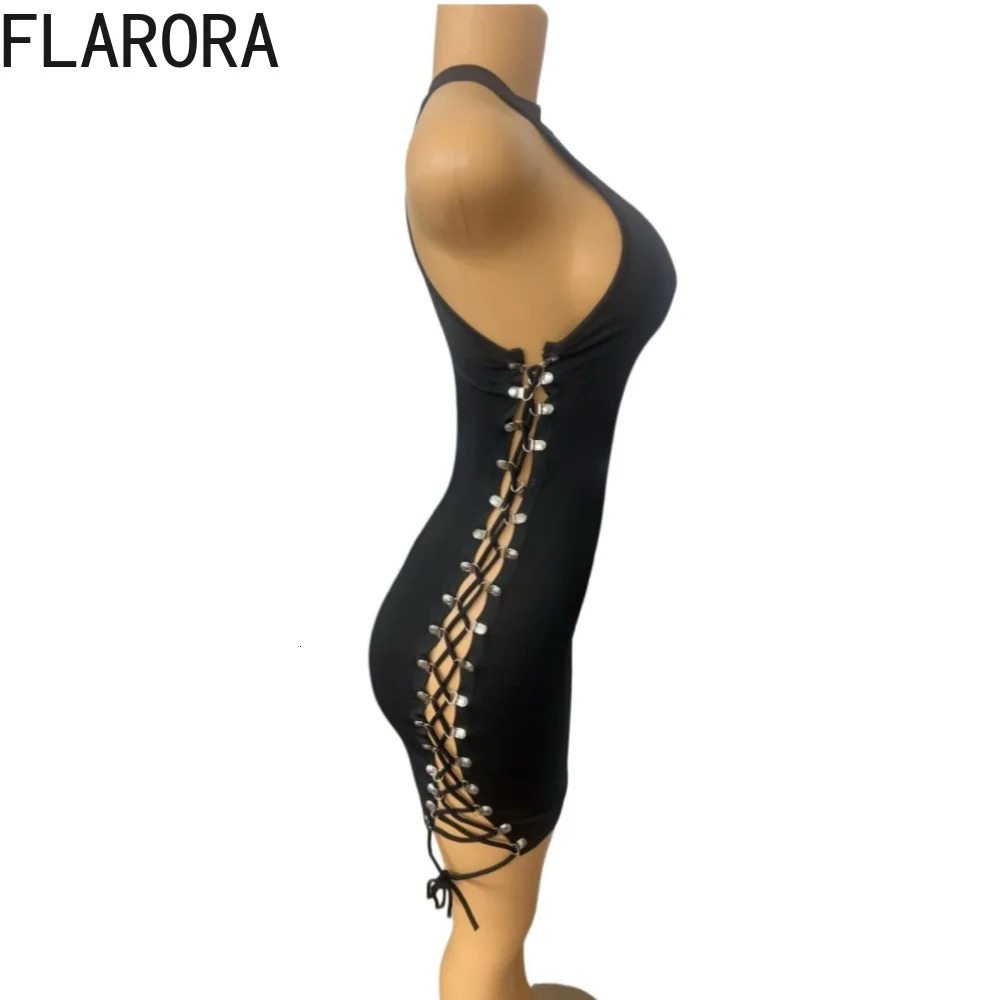 FLARORA Sexy Black Hollow Out Bandage Mini Dress Woman Trend O Neck Sleeveless Bodycon Dresses tie Midnight Party Clubwear 260714banjia