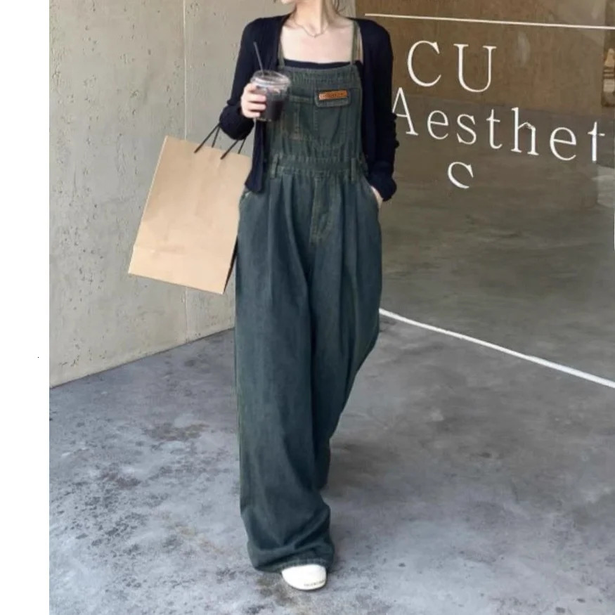 Womens Spring Autumn Loose Fitting Wide Leg Pants Overalls High Waist Thickened Denim Cotton Washed Look 260714banjia