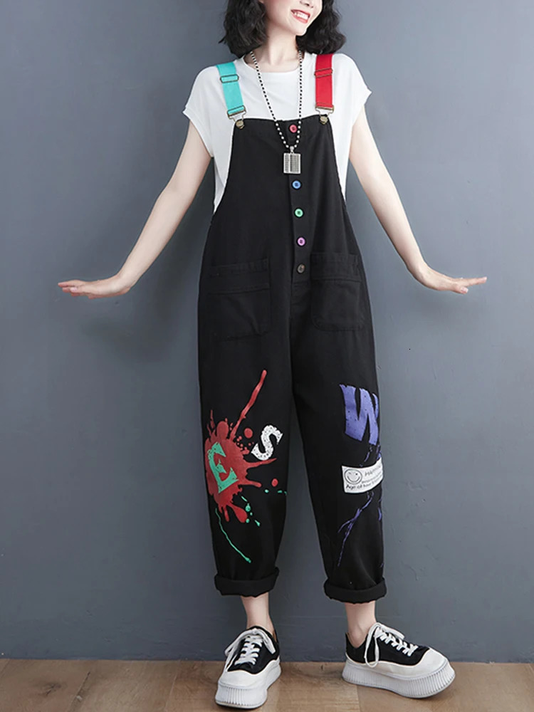 Denim Jumpsuits for Women Casual Printing Outfits Rompes Loose Korean Fashion Vintage Playsuits Clothing 260714banjia