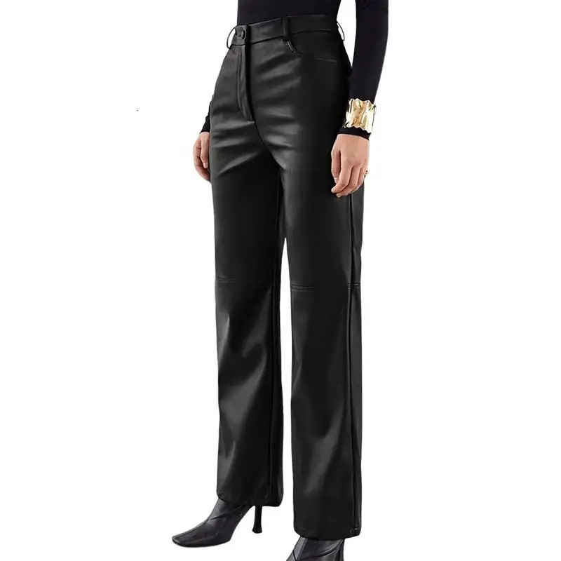 Women PU Leather Pants Solid Color High Waist Straight Trousers Street Casual Pant 260714banjia