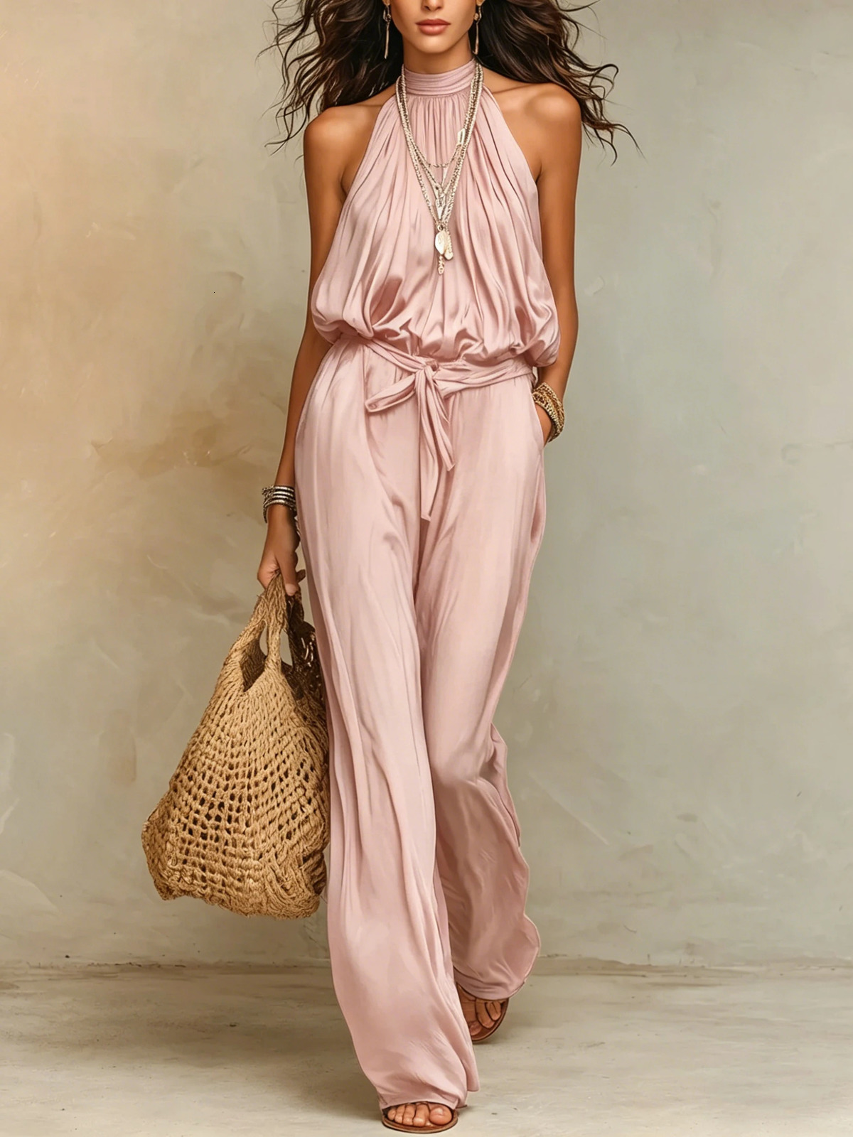 Women Halter Neck Sleeveless Jumpsuit Elastic Waist Belted Wide Leg Pants Summer Casual Loose Solid Color Romper 260714banjia