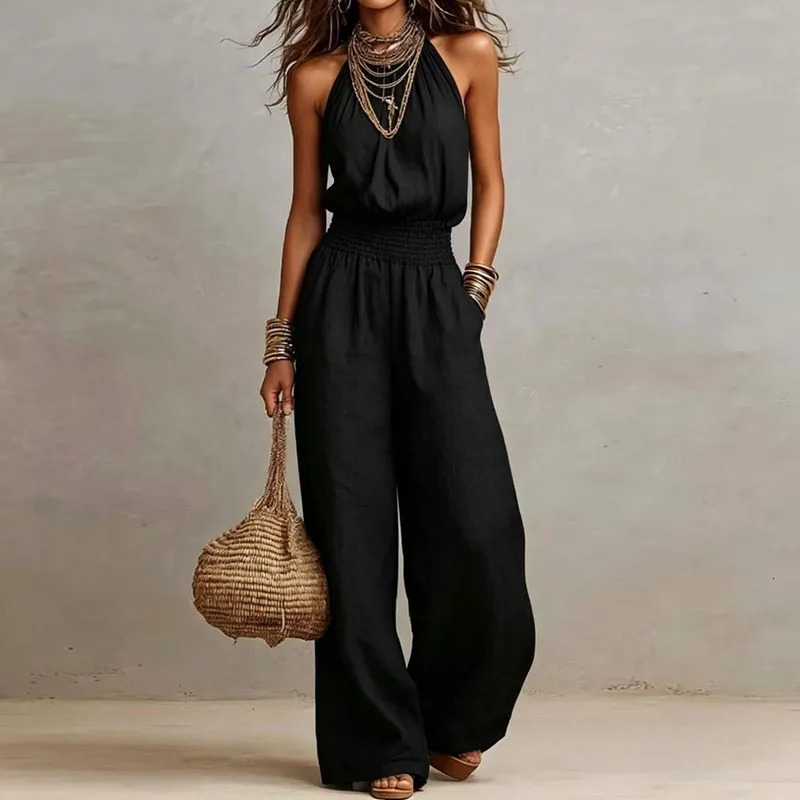 Spring Summer Solid High Waist Woman Jumpsuits Elegant Halter Tieup Backless Rompers Casual Sleeveless Wide Leg Pocket Overalls 260714banjia