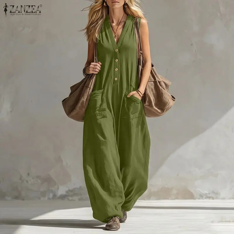 ZANZEA Women Jumpsuits Solid Vintage Casual Overalls 2026 Fashion V Neck Pockets Rompers Loose Lantern Long Bottoms Playsuits 260714banjia