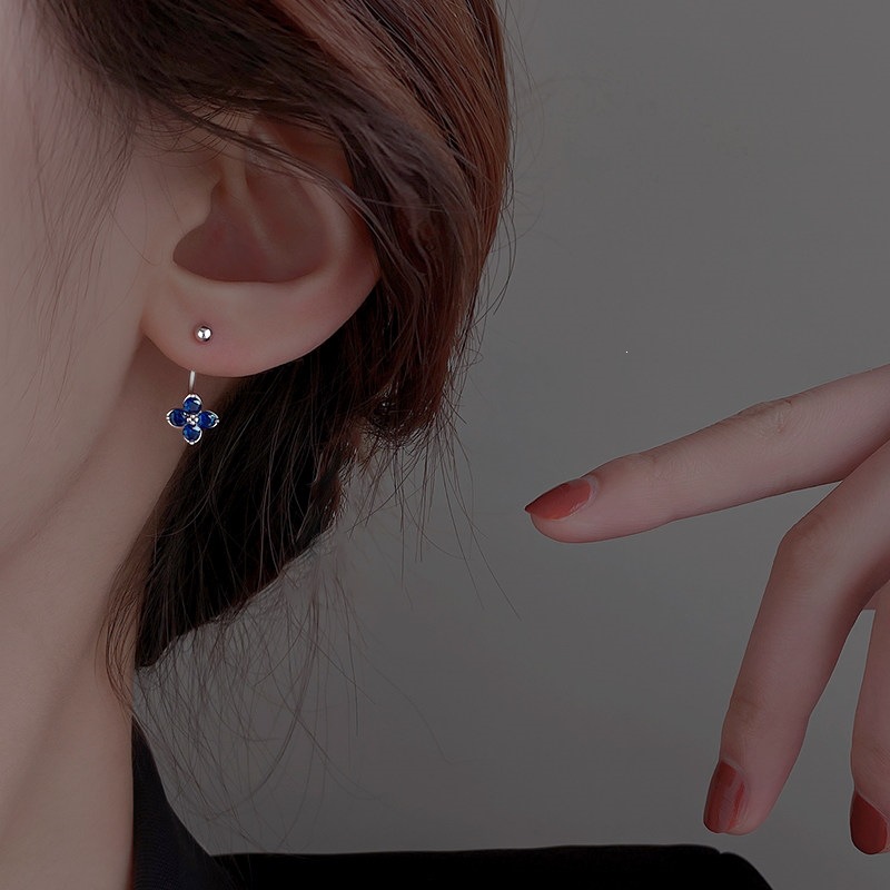 Four Leaf Clover Flower 925 Silver Earring For Women Sterling Silver Blue Zircon Diamond Stud Earrings Hiphop Punk Sweet Design Pin Body Jewelry Desig - view 6