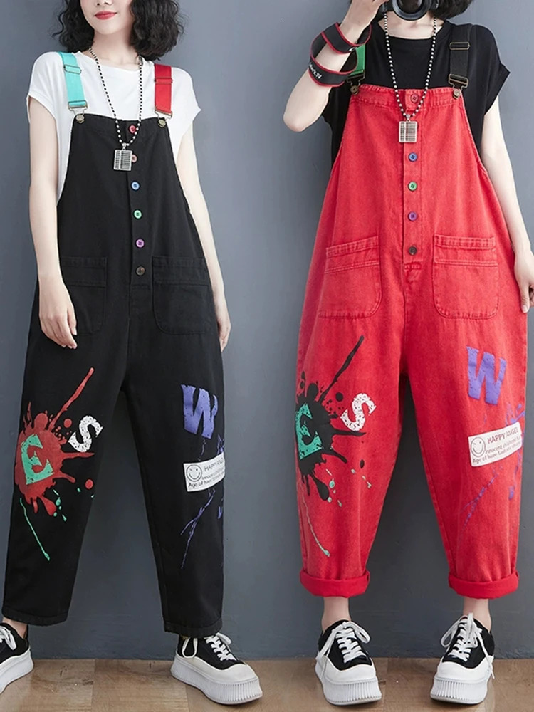 Denim Jumpsuits for Women Casual Printing Outfits Rompes Loose Korean Fashion Vintage Playsuits Clothing 260714banjia