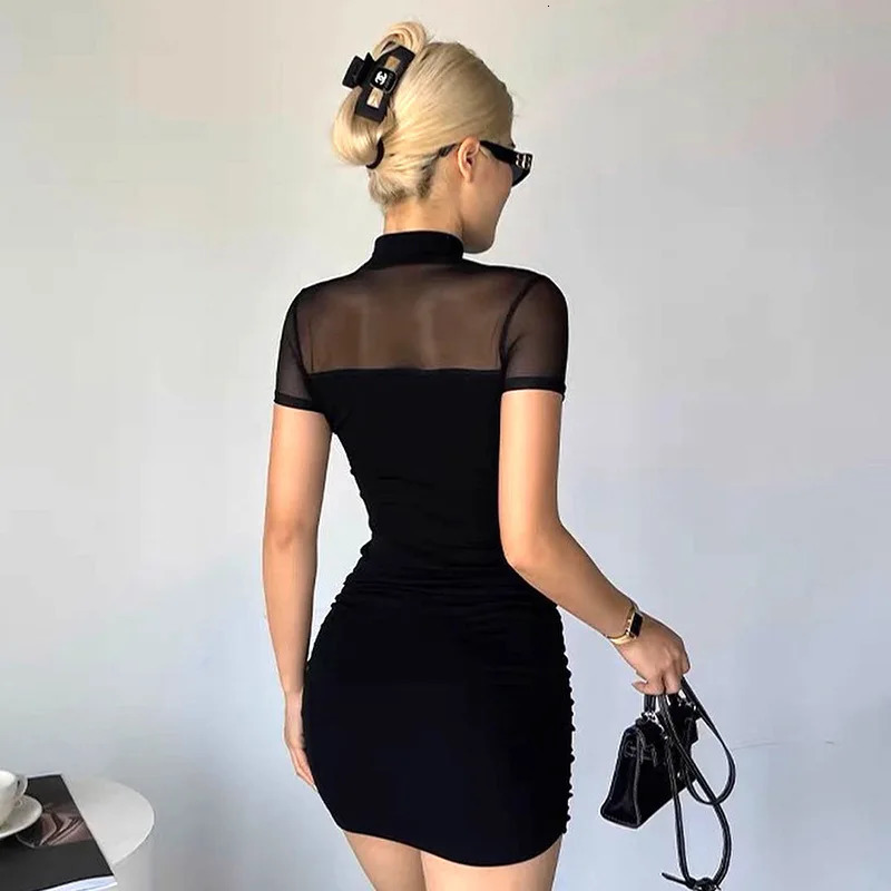 Sexy Spicy Girl Solid Color Mesh Splice round Neck Slim Fit High Waist Overhead Short Style Summer Dress 260714banjia