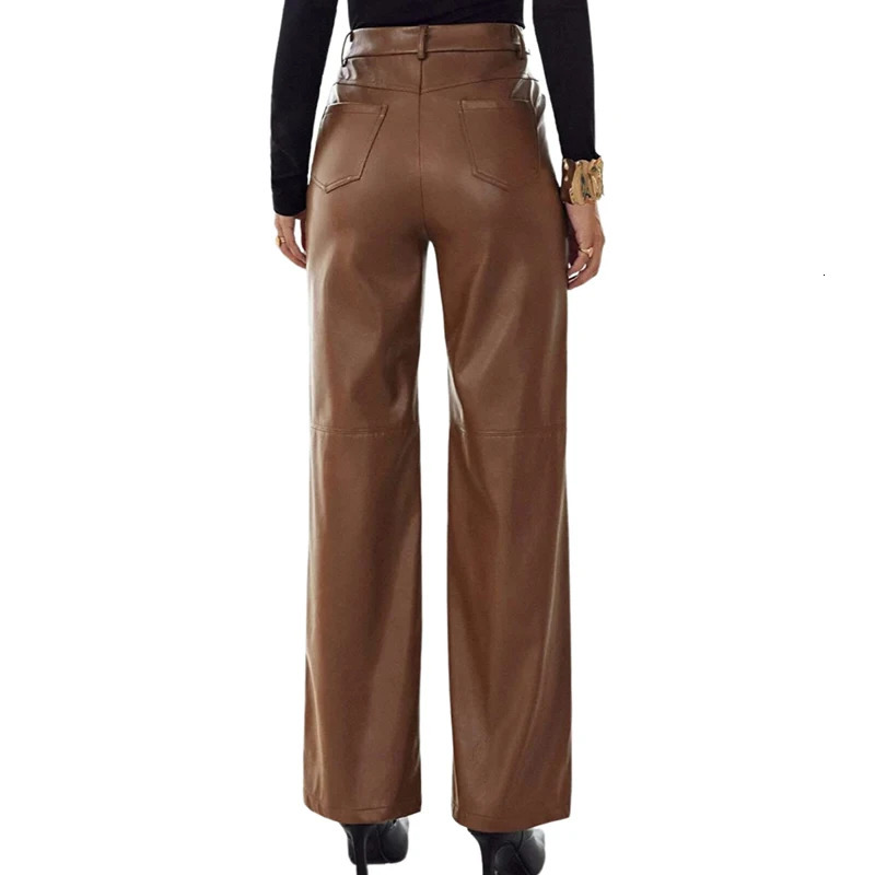 Women PU Leather Pants Solid Color High Waist Straight Trousers Street Casual Pant 260714banjia