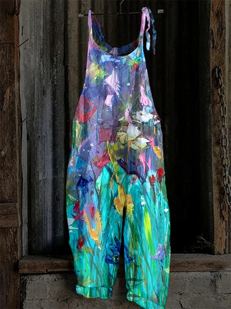 Womens Sling Bodysuit Pants Sleeveless Floral Printed Wide Leg Casual Outdoor Loose Backless Comfortable Breathable 260714banjia - view 4