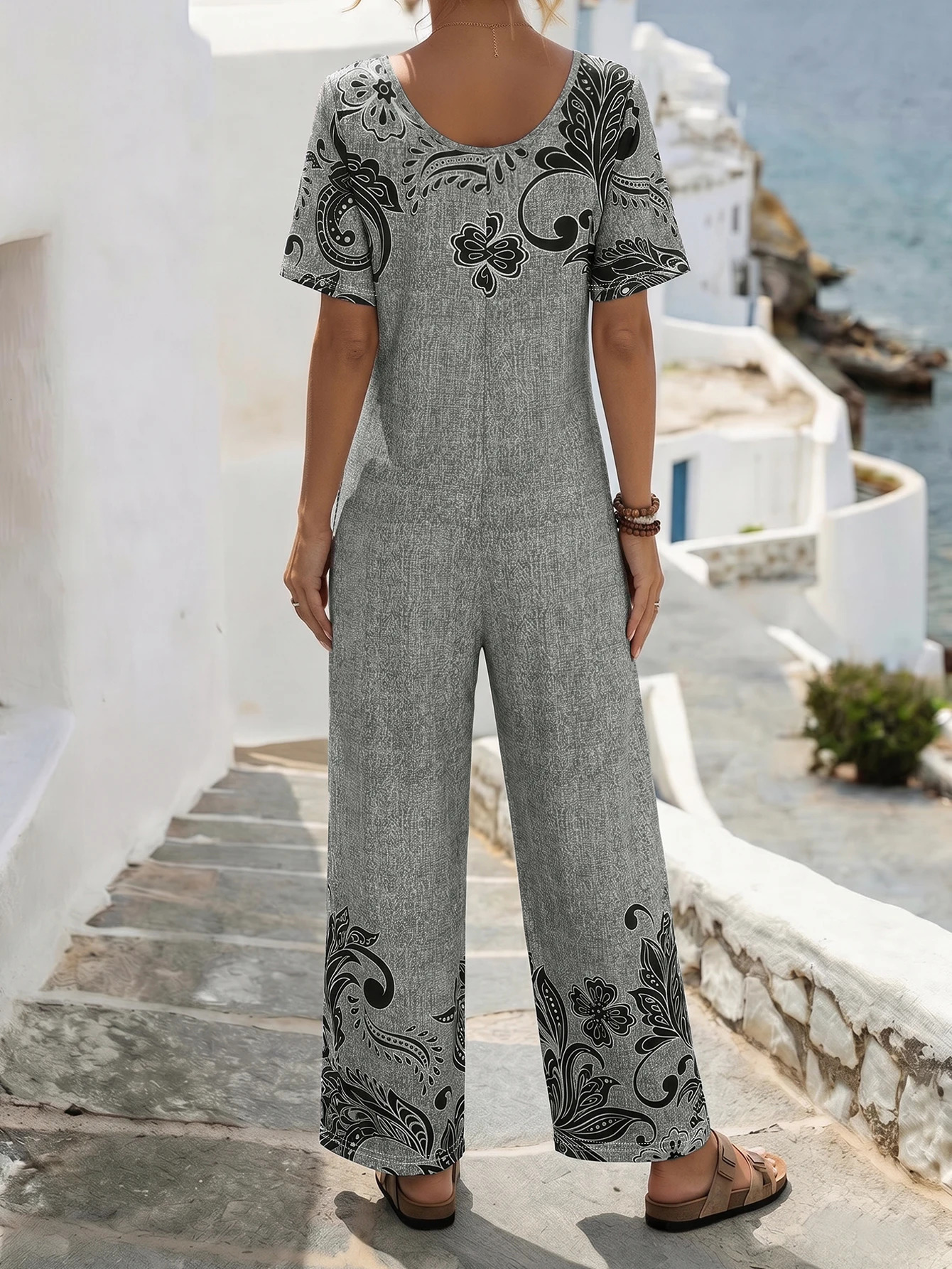 Womens Paisley Floral Print Short Sleeve Wide Leg Jumpsuit Scoop Neck Casual Romper with Pockets Summer Boho Outfit 260714banjia