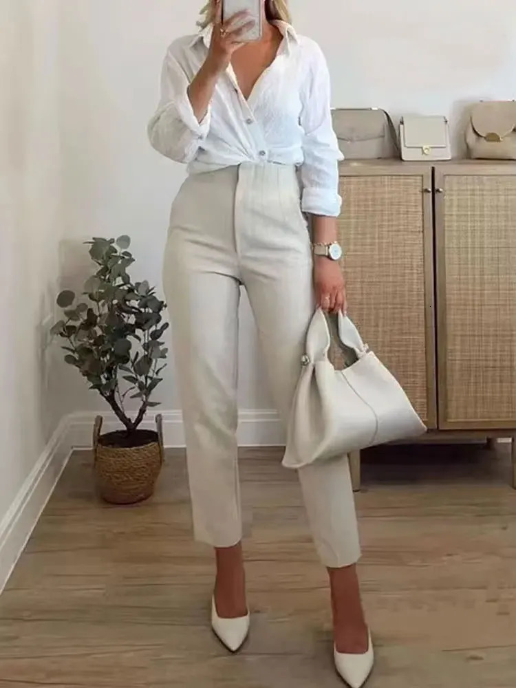 High Waist Solid Pants for Women Casual Basic Ankle Trousers with Pockets Zipper Fly Office Wear Pantalones Mujer 260714banjia
