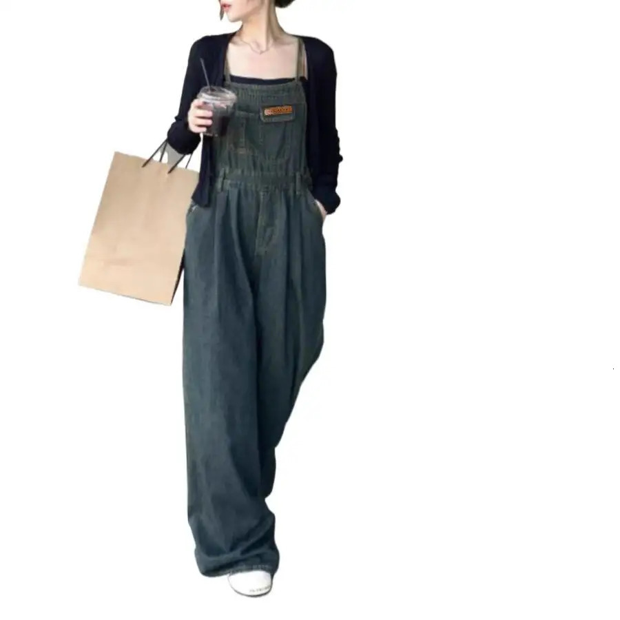 Womens Spring Autumn Loose Fitting Wide Leg Pants Overalls High Waist Thickened Denim Cotton Washed Look 260714banjia