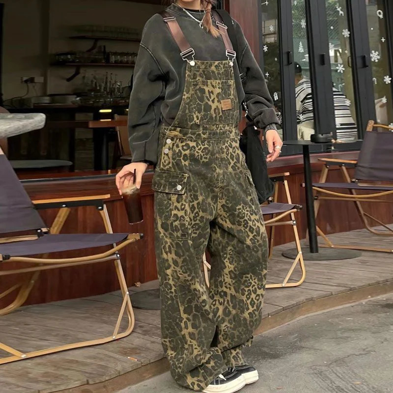 Chic Retro Girls High Waist Jumpsuit Jean Loose Fit Overalls Pants Female Leopard Printed Wide Leg Denim Trousers 260714banjia