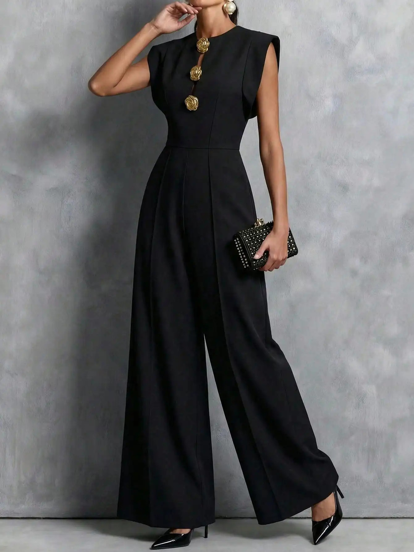 Womens Jumpsuits Rompers Black Sleeveless Wide Leg with Decorative Buttons Tailored Formal Evening Outfit 260714banjia