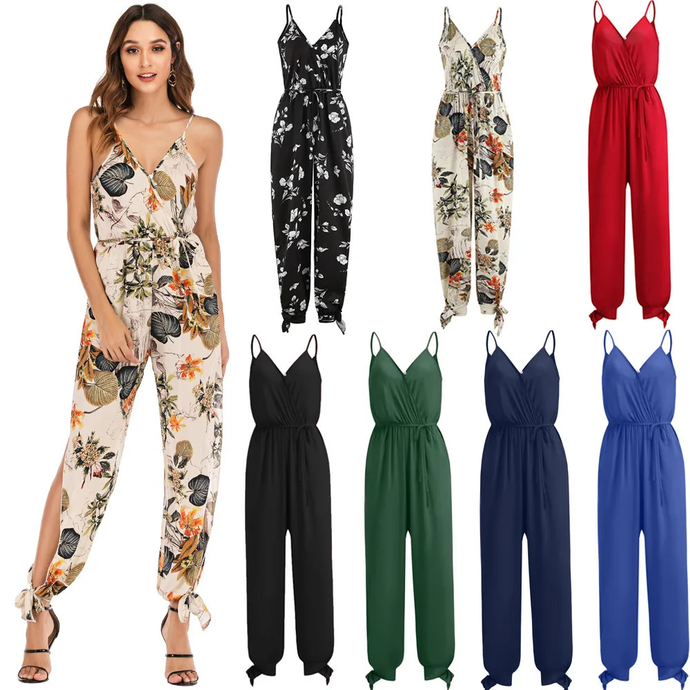 Spring and summer womens camisole jumpsuit crossborder printed sexy backless lace up Vneck 260714banjia