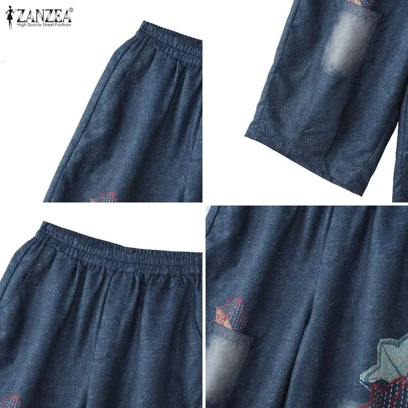 Womens Harem Trousers Patchwork Elastic Waist CalfLength Pants 2026 ZANZEA Vintage Casual Printed Denim Summer s Oversize 260714banjia