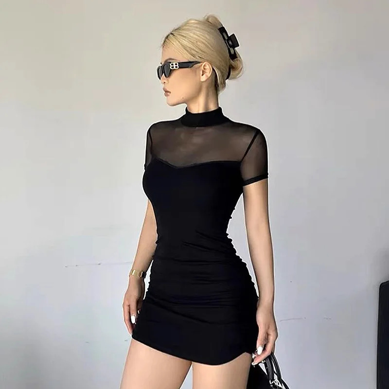 Sexy Spicy Girl Solid Color Mesh Splice round Neck Slim Fit High Waist Overhead Short Style Summer Dress 260714banjia