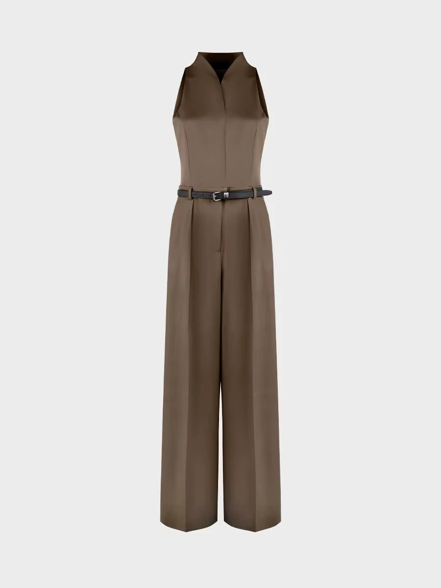 IG 2026 Womens Beige Halter Neck Jumpsuit with Belt Sleeveless Wide Leg Pants Elegant Formal Office Outfit 260714banjia