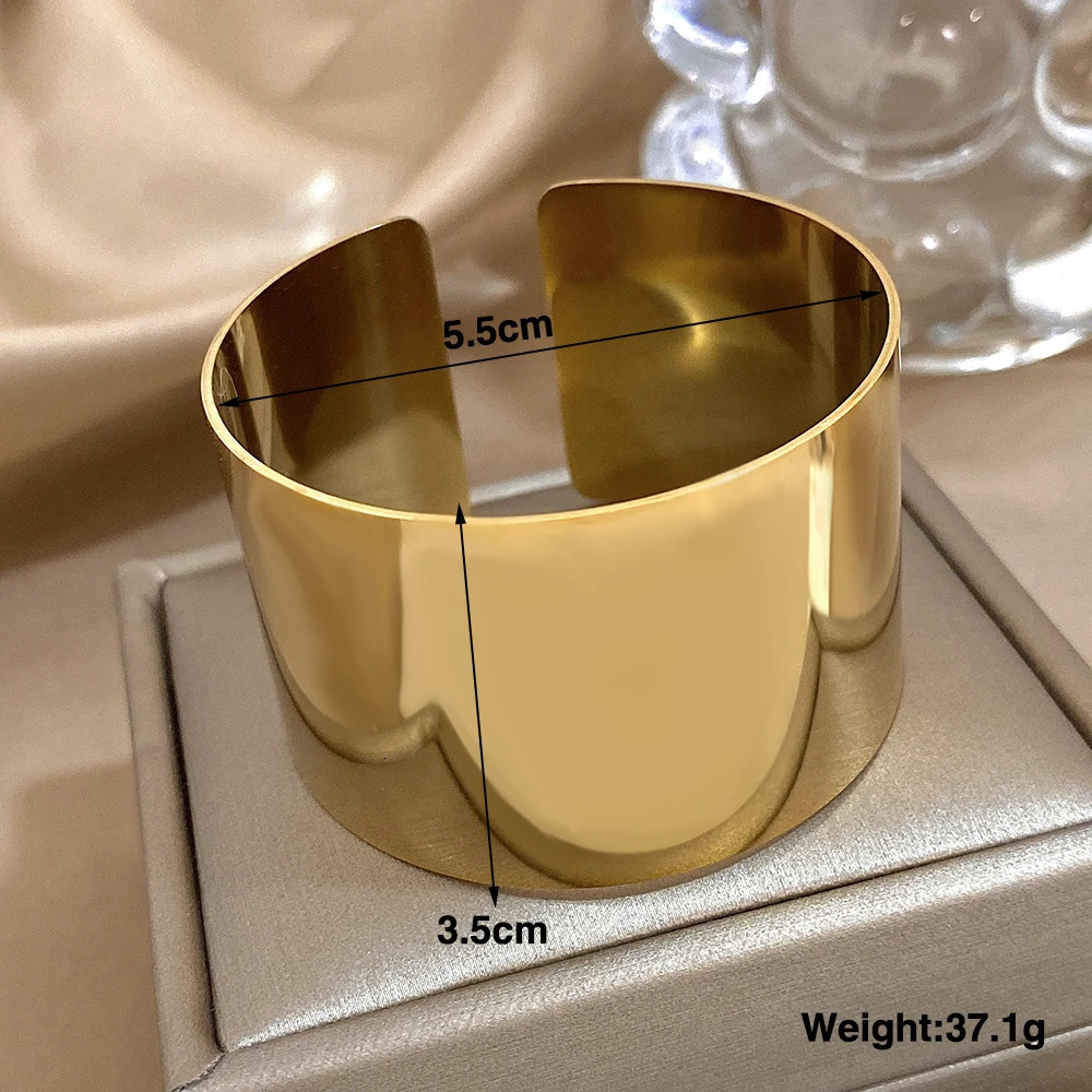 Minimalist Stainless Steel Wide Cuff Bracelets Bangles for Women Glossy Chunky Gold Silver Color Open Bangle Waterproof Jewelry260713 - view 7