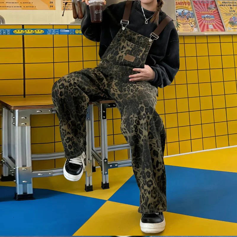 Chic Retro Girls High Waist Jumpsuit Jean Loose Fit Overalls Pants Female Leopard Printed Wide Leg Denim Trousers 260714banjia