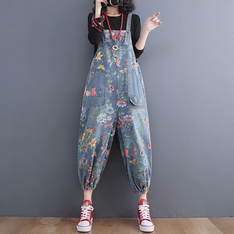 Trendy Large Size Oversized Floral Print Denim Overalls High Waist Spring Fashion Age Reduction Loose Fit Nine Points Jumpsuit 260714banjia - view 3