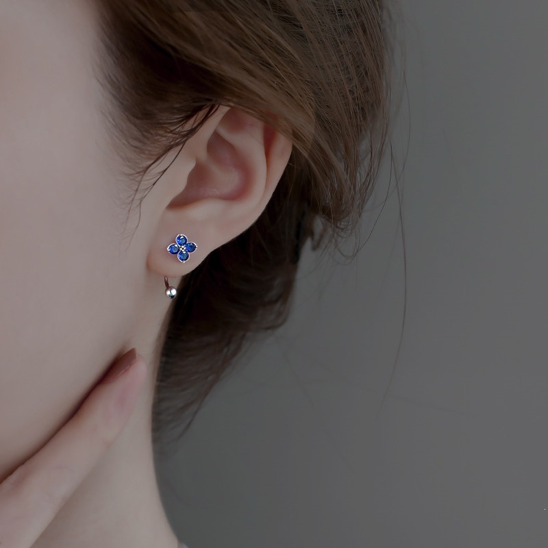 Four Leaf Clover Flower 925 Silver Earring For Women Sterling Silver Blue Zircon Diamond Stud Earrings Hiphop Punk Sweet Design Pin Body Jewelry Desig - view 4