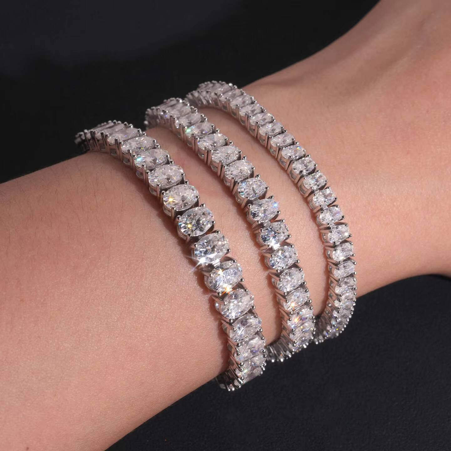 Custom S925 sterling silver oval moissanite inlaid tennis bracelet hip-hop simple fashion unisex jewelry - view 4