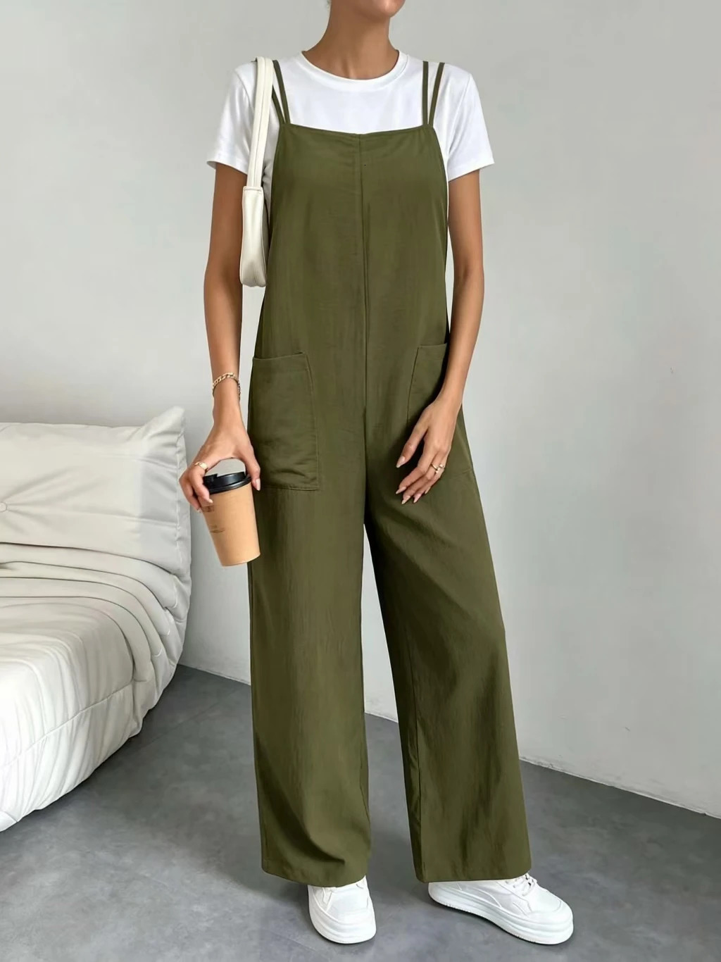 Women Olive Green Viscose Overalls Thin Spaghetti Strap Square Neck Bib Jumpsuit Loose Wide Leg Long Pants with Side Pockets Sof 260714banjia