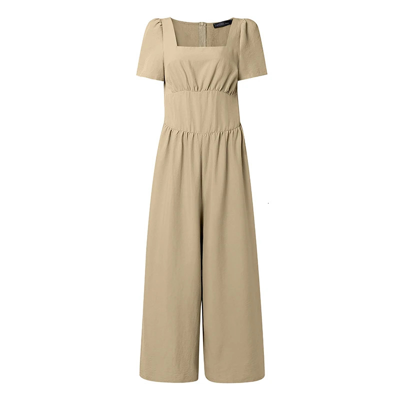 ZANZEA Summer Women Overalls Pants Rompers Elegant Square Neck Waisted Jumpsuits Solid Loose Wide Leg Trouser Streetwear 260714banjia - view 3