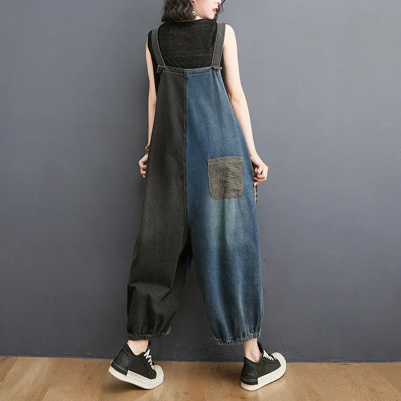 Fashionable plus Size Denim Overalls Spring Loose High Waist Color Block Plaid Wide Leg Nine Point Pants 260714banjia