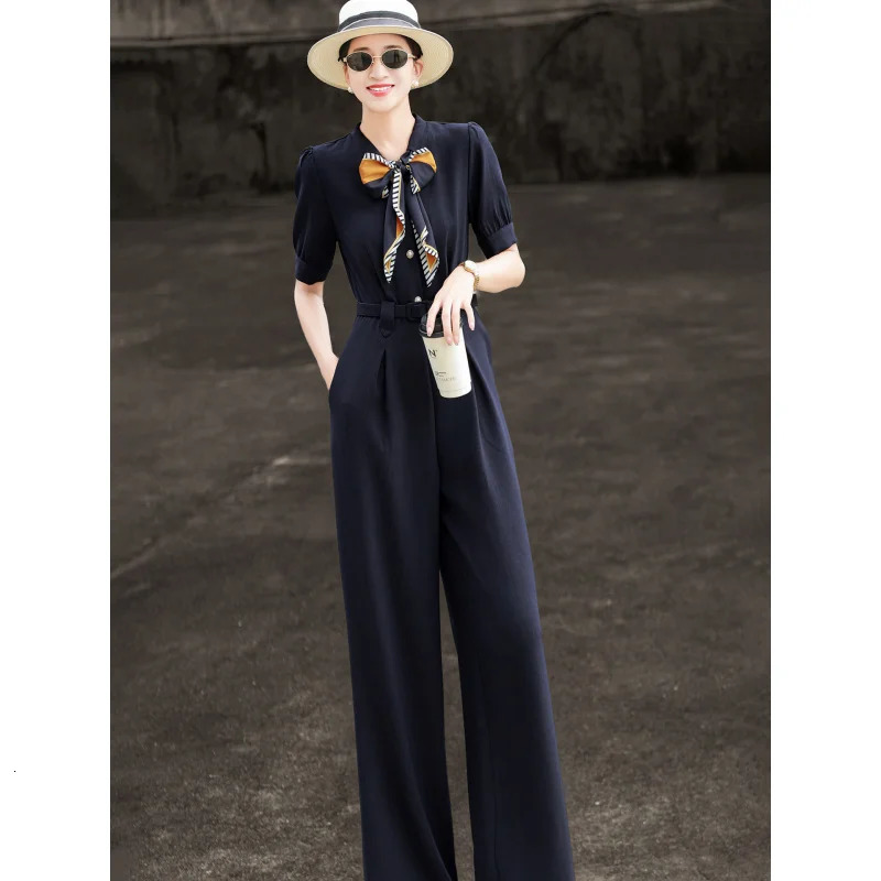 MEXCOCO 2026 Summer Arrival Elegant Jumpsuit Bow Neck with Scarf Highgrade Wide Leg Pants 260714banjia