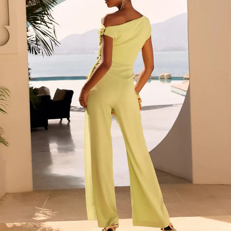 Chic Sexy Skew Collar Hollow Womens Jumpsuits Spring Solid High Waist Slim Ruffle Rompers Summer Short Sleeve Wide Leg Overalls 260714banjia