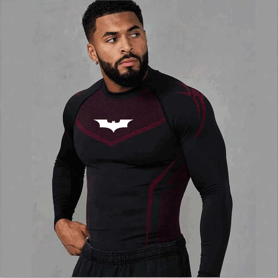 Mens Compression Long Sleeve Shirt Superhero Bat Print Workout Tops Breathable Quick Dry Athletic Base Layer for Gym Running Tr 260714 - view 5