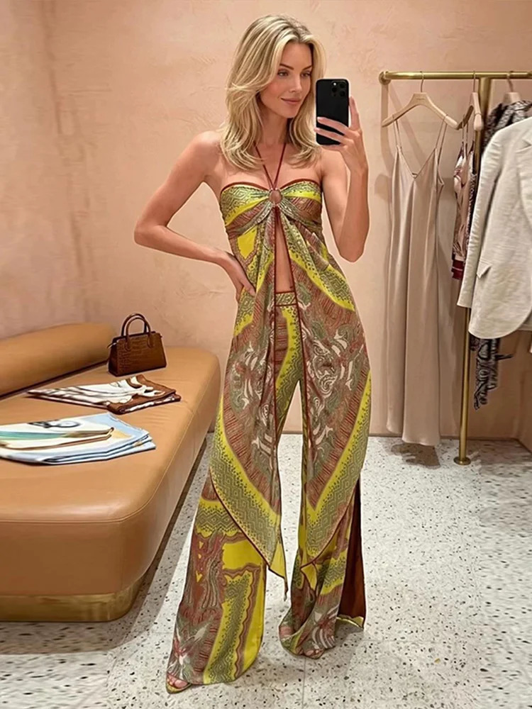 Boho Printed Vest Pants Set Women Halter Hollow Sleeveless Backless Tops Wide Leg Pant 2026 Summer Lady Beach Vacation Outfits 260714 - view 7
