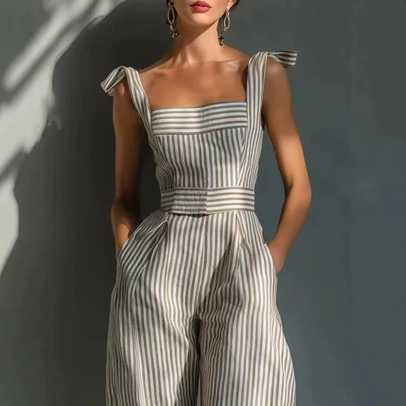 Fashion Stripe Printed Halter Wide Leg Jumpsuit Summer Sleeveless Hollow Out Slim Playsuits Overalls Elegant Lady Commute Romper 260714banjia