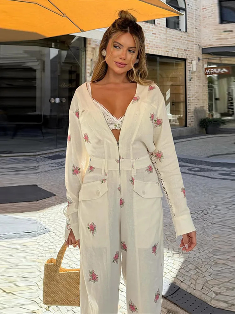 Fashion Printed Womens Jumpsuit Vneck Zipper Full Sleeve Waist Cinching Rompers 2026 Autumn Chic Female Street Overalls 260714banjia