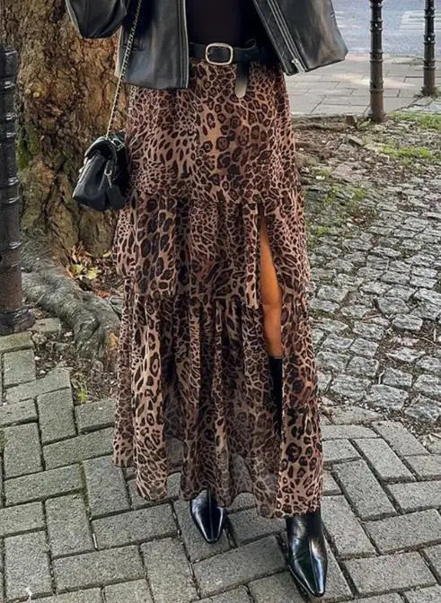 Skirt for Women 2026 Spring Fashion Leopard Print Slit Front High Waist Streetwear Casual Ruffles Cake Long Skirt 260714 - view 6