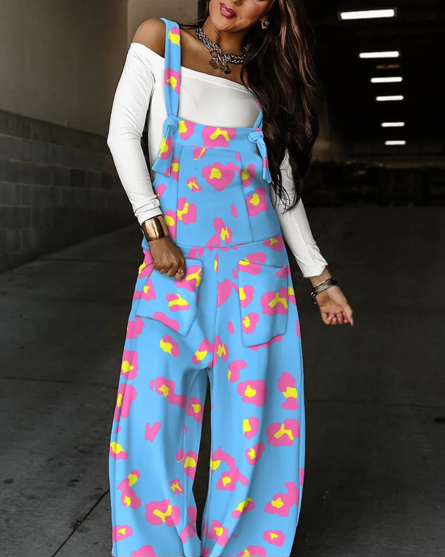 Womens Colorful Leopard Print Overalls Wide Leg Loose Fit Casual Jumpsuit with Adjustable Straps High Waist Fashion Streetwe 260714banjia