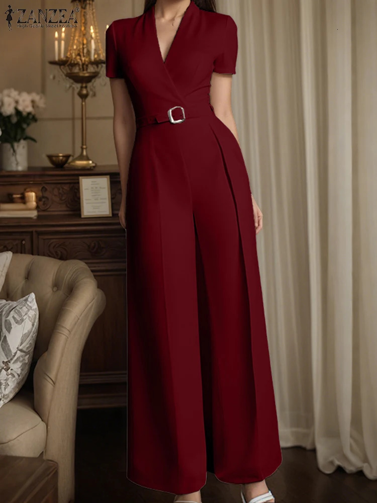 ZANZEA Street Fashion High Waist Jumpsuit Workwear Belt Rompers Solid Deep V Neck Elegant Office Lady Long Overalls 260714banjia - view 4